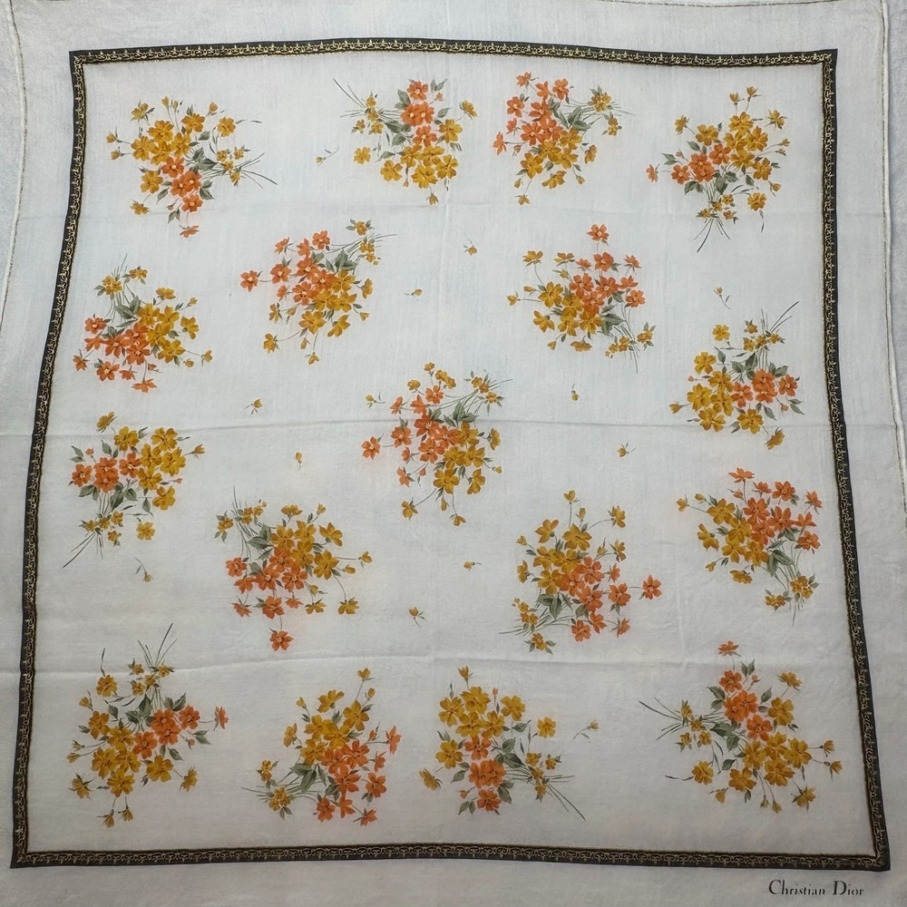 Vtg CHRISTIAN DIOR Scarf Handkerchief Floral Linen Blend White Orange 18.5"